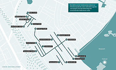 Karte mit markierten Straßen in Findorff mit hohem Handlungsbedarf zur Wiederherstellung der Rettungssicherheit