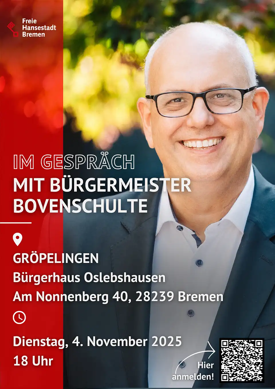 Es ist der Bürgermeister Andreas Bovenschulte auf einem Plakat für das Bürgergespräch in Oslebshausen zu sehen