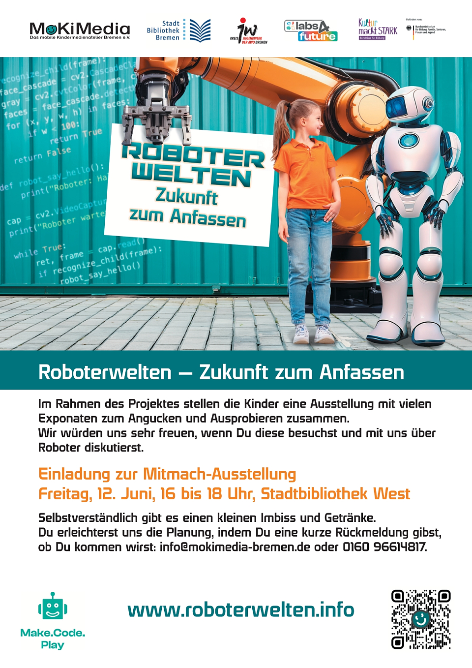 Zusehen ist das Einladungsplakat zu den Roboterwelten am 12. Juni von 16 bis 18 Uhr