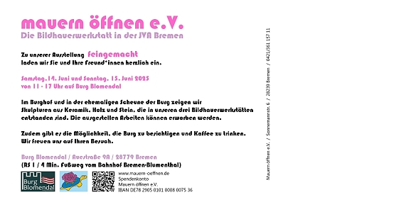Es ist die Einladungskarte für die Veranstaltung feingemacht des Mauern öffnen e.V. zu sehen.