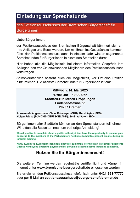 Flyer mit der Einladung zur Sprechstunde des Petitionsausschuss der Bremischen Bürgerschaft für Bürgerinnen