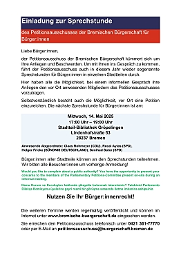 Flyer mit der Einladung zur Sprechstunde des Petitionsausschuss der Bremischen Bürgerschaft für Bürgerinnen