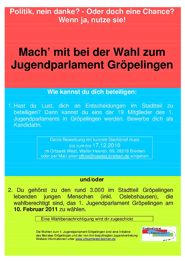 Ein Bild vom Flyer: Jugendparlament Gröpelingen