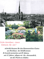 Das Bild zeigt einen Aufruf der bislang im Garten tätigen, mit dem sie Unterstützung erbitten. Außer dem Text sind zwei Bilder des Gartens zu sehen und ein altes Bild, dass die Ruinen des Quartiers nach dem Zweiten Weltkrieg zeigt.