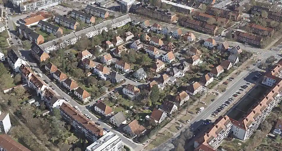 Geländefoto der Siedlung Vogelweide in ihrer charakteristischen Bauweise